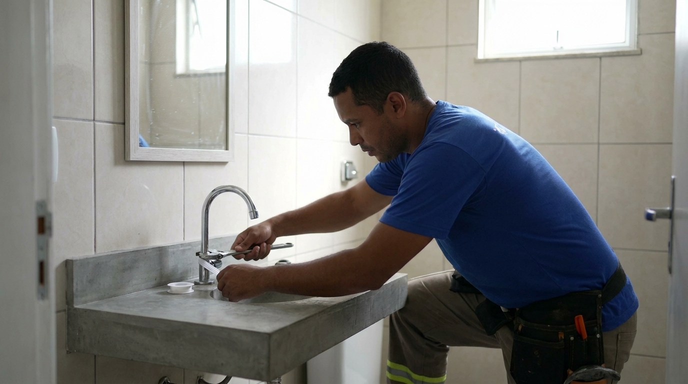 Encanador instalando torneira em Rio Branco‑AC